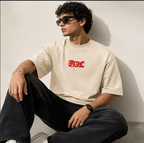 Baaghi Makr Mala puff print tee shown in beige, drop shoulder oversized streetwear fit