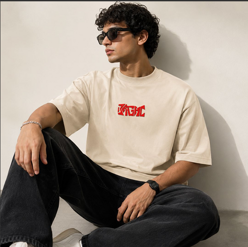 Baaghi Makr Mala puff print tee shown in beige, drop shoulder oversized streetwear fit