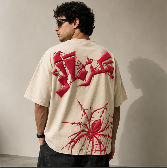Baaghi Makr Mala oversized tee with raised puff print fingerprint graphic in olive green
